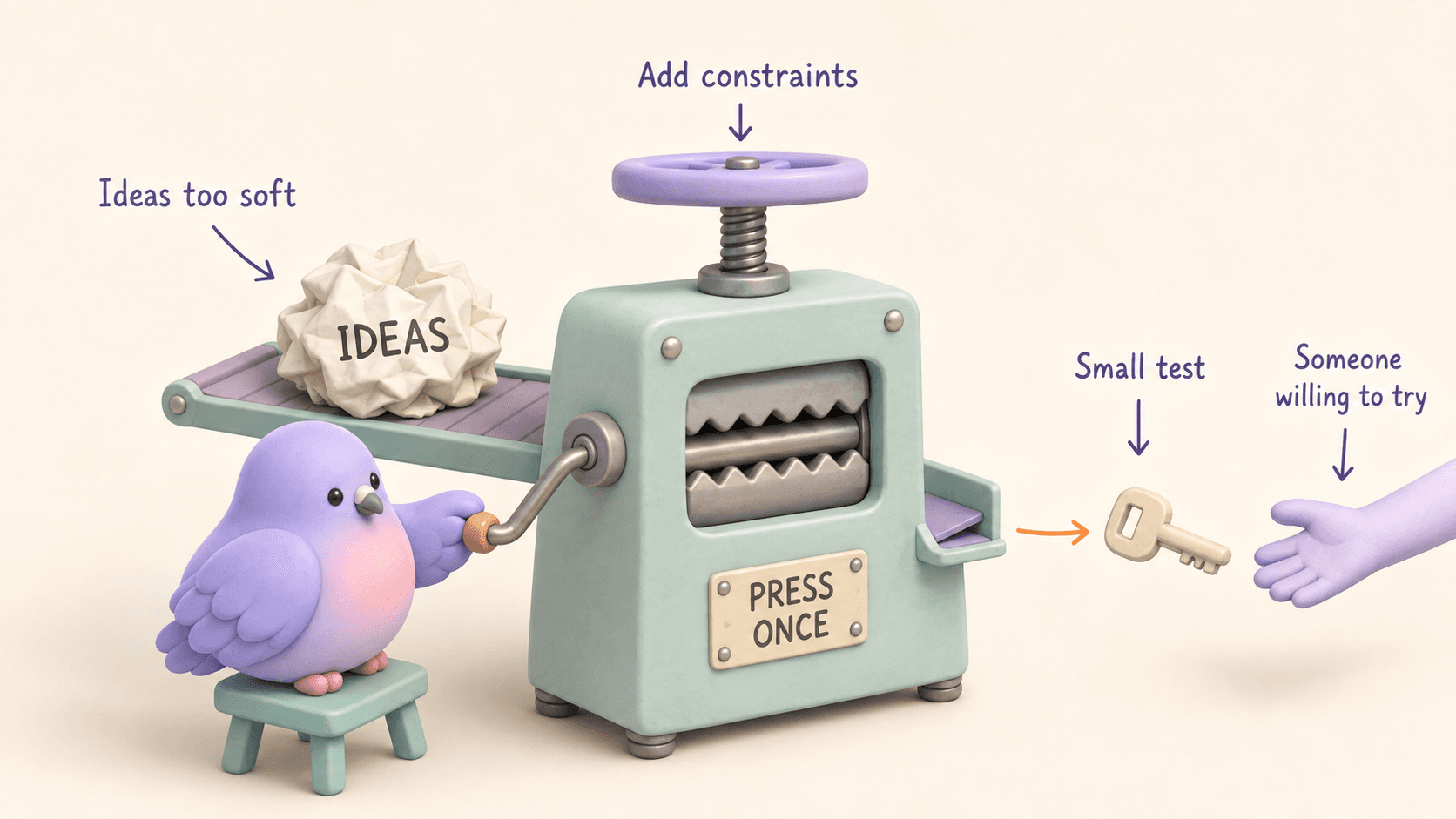 Nellie turning an ideas press to make a small test, illustrated as a key