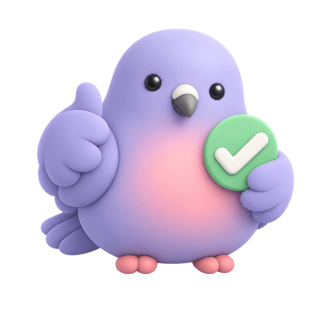 Nellie giving a thumbs-up and holding a green checkmark