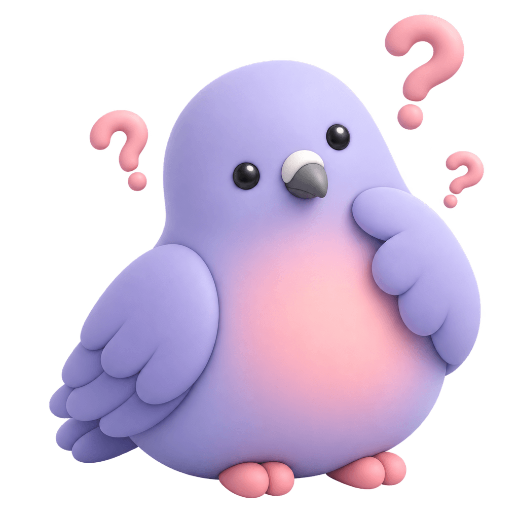 Nellie thinking with a wing against her beak and pink question marks