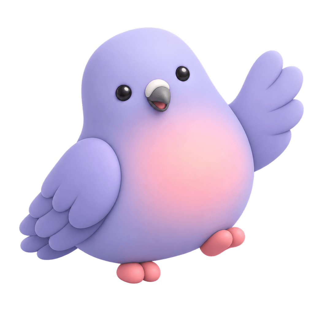Nellie, the purple bird, waving with one wing raised