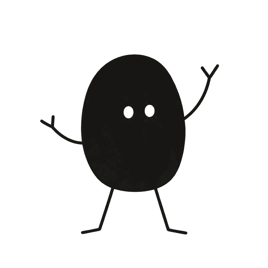 Pip, a small black bean-shaped mascot with white eyes, waving hello